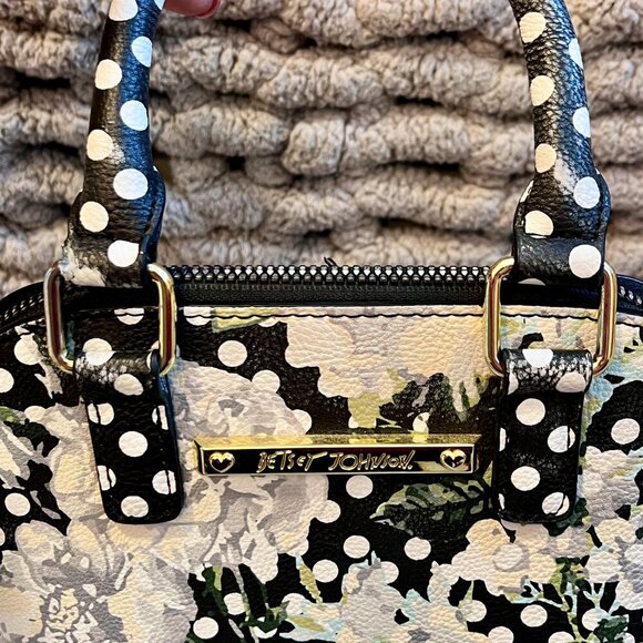 Betsy Johnson Black, White & Grey Floral Polka Dot Print Handbag - Picture 5 of 16